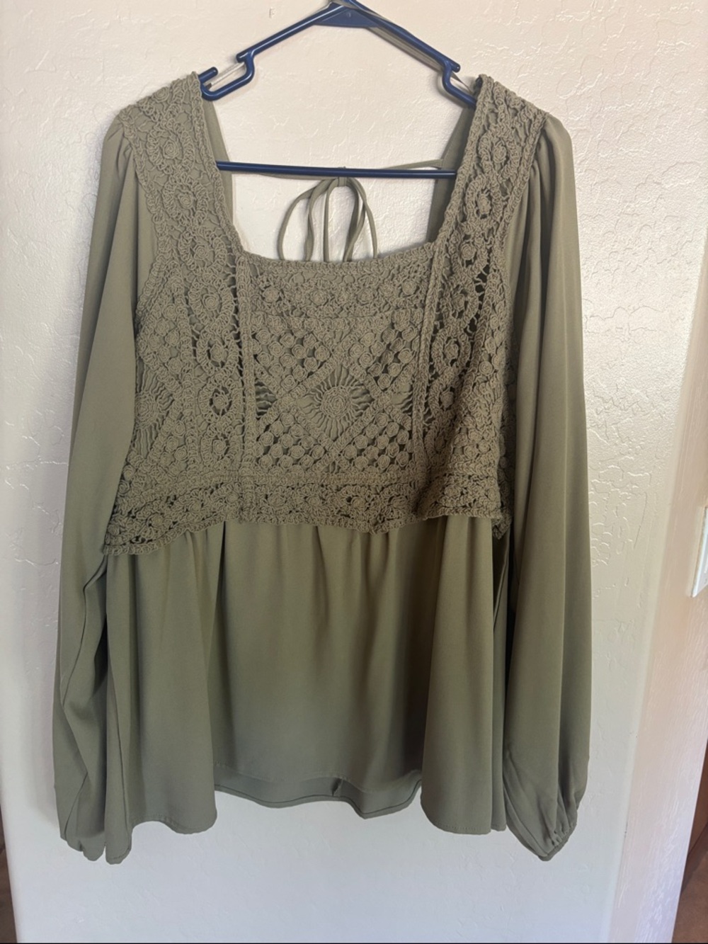 Crochet Yoke Long Sleeve Top in Olive Green
